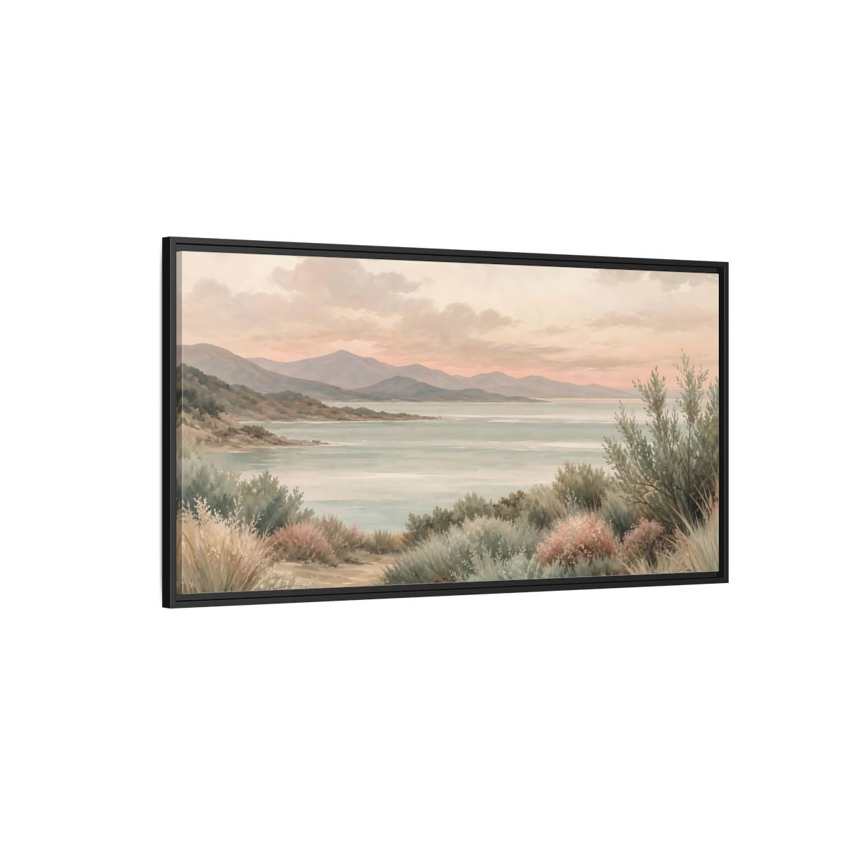 Side Mockup 5. Nature Mountain Lake Pastel Lake Mountains shown as stretched canvas wall art