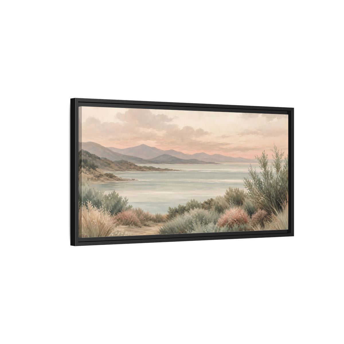Side Mockup 2. Nature Mountain Lake Pastel Lake Mountains shown as stretched canvas wall art