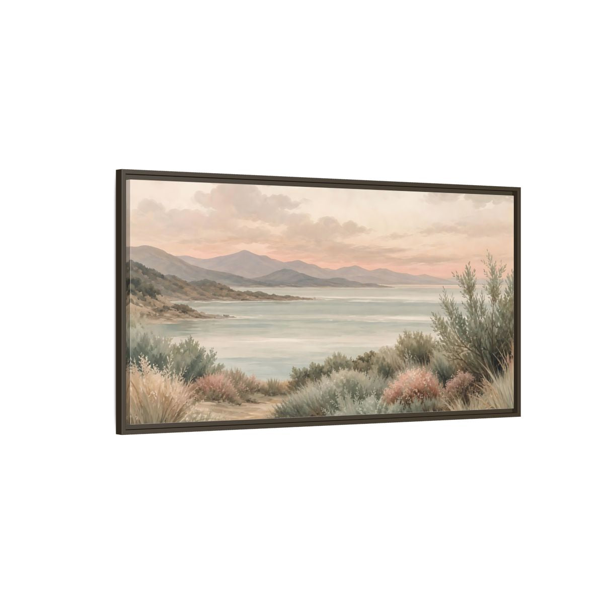 Side Mockup 4. Nature Mountain Lake Pastel Lake Mountains shown as stretched canvas wall art