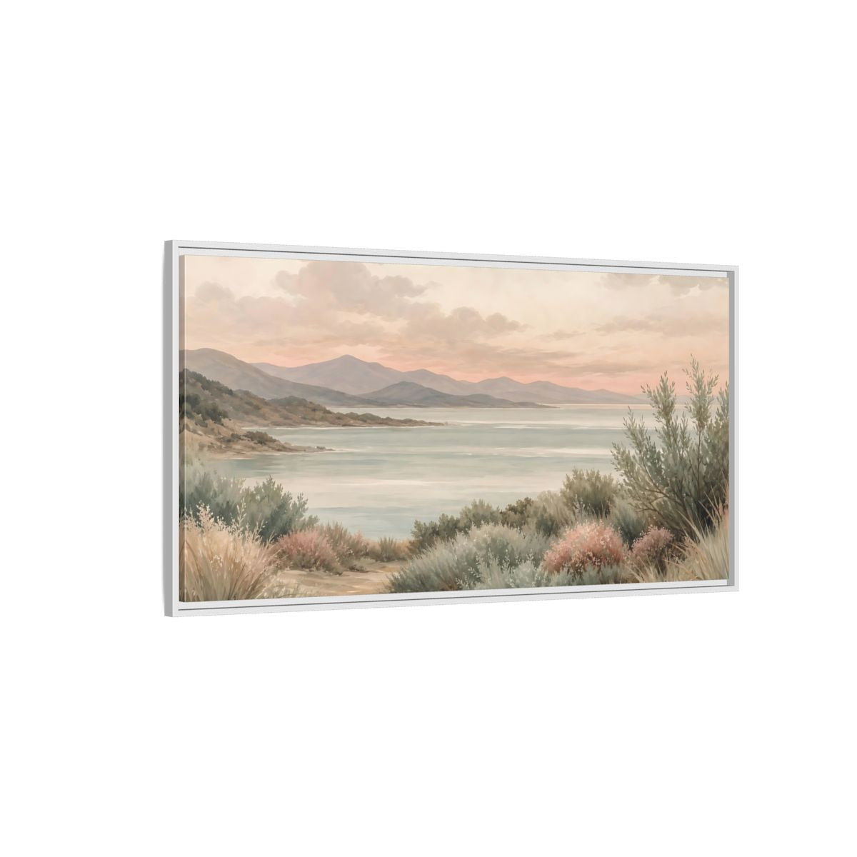 Side Mockup 3. Nature Mountain Lake Pastel Lake Mountains shown as stretched canvas wall art