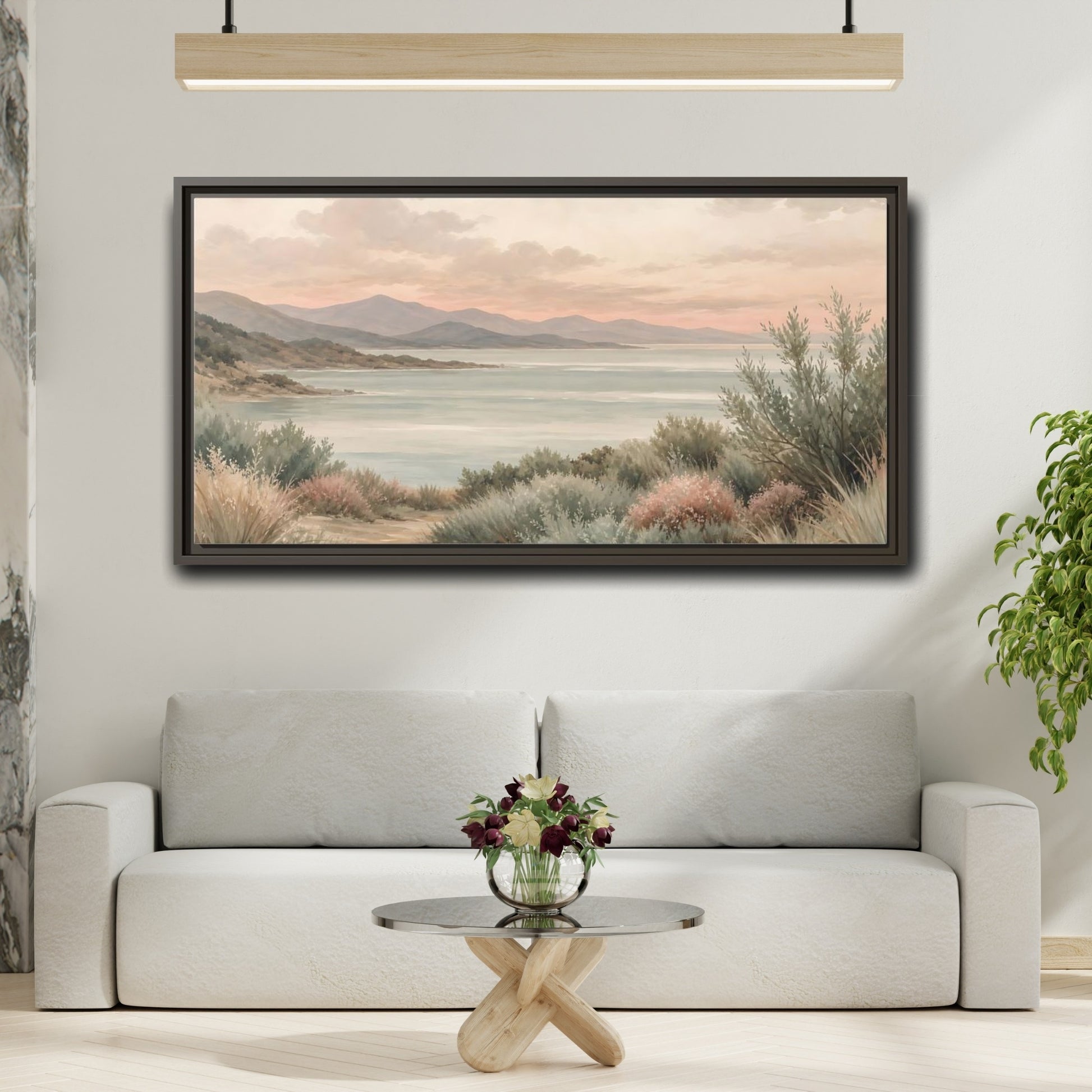 Mockup 2. Nature Mountain Lake Pastel Lake Mountains shown as stretched canvas wall art