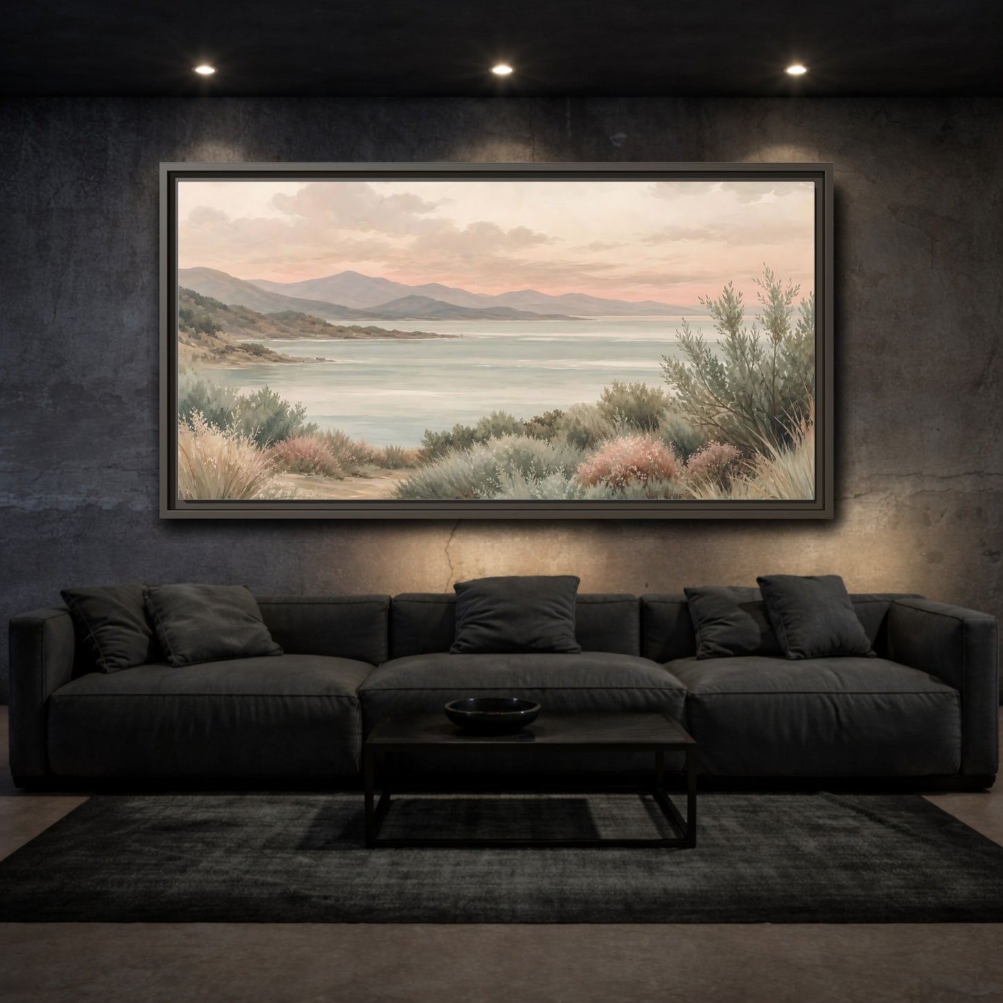 Mockup 3. Nature Mountain Lake Pastel Lake Mountains shown as stretched canvas wall art