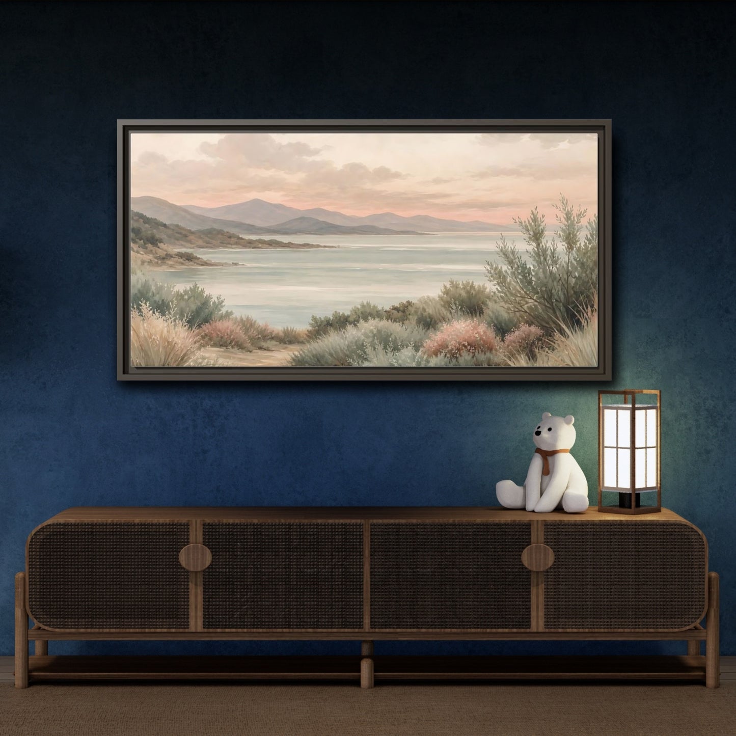 Mockup 4. Nature Mountain Lake Pastel Lake Mountains shown as stretched canvas wall art