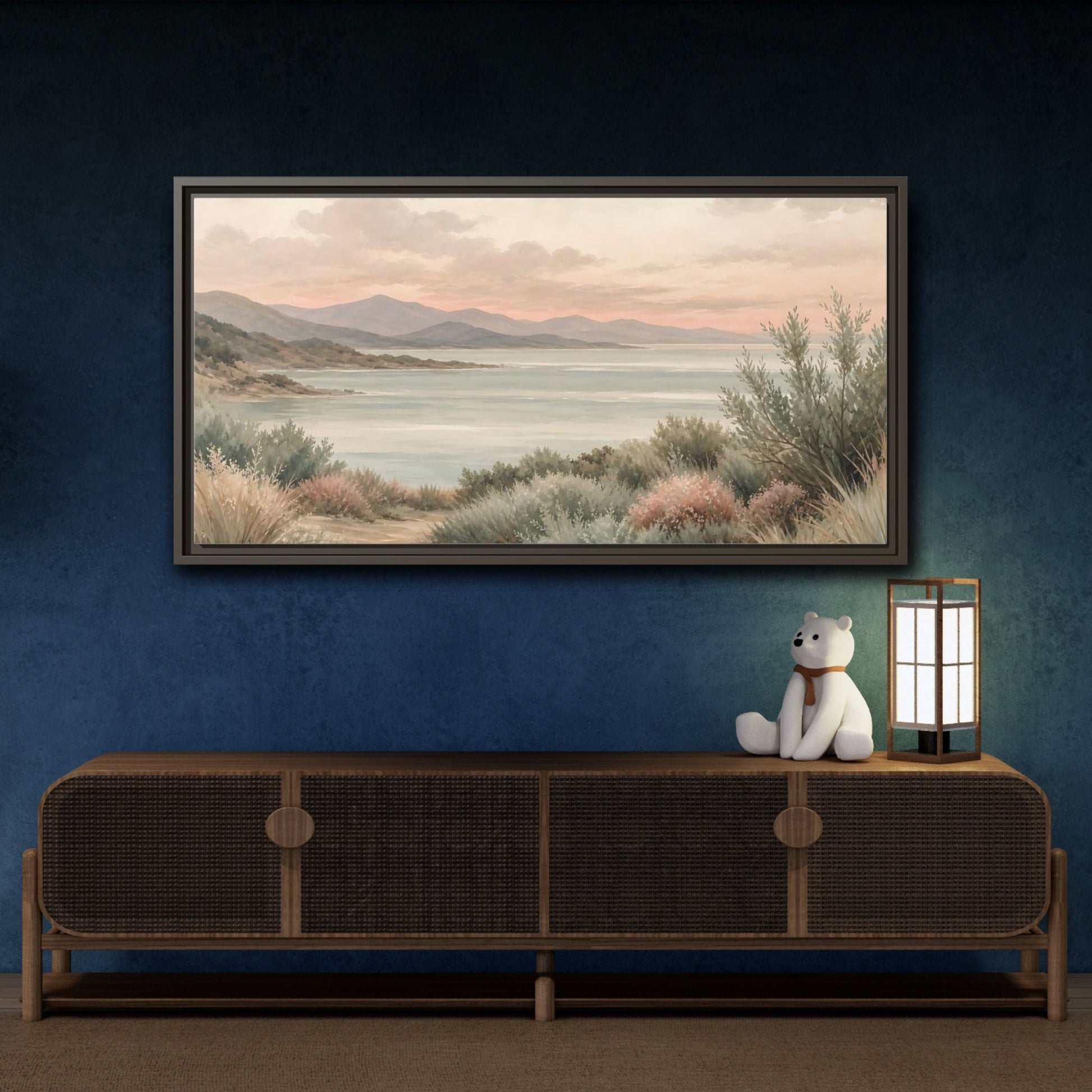 Mockup 4. Nature Mountain Lake Pastel Lake Mountains shown as stretched canvas wall art