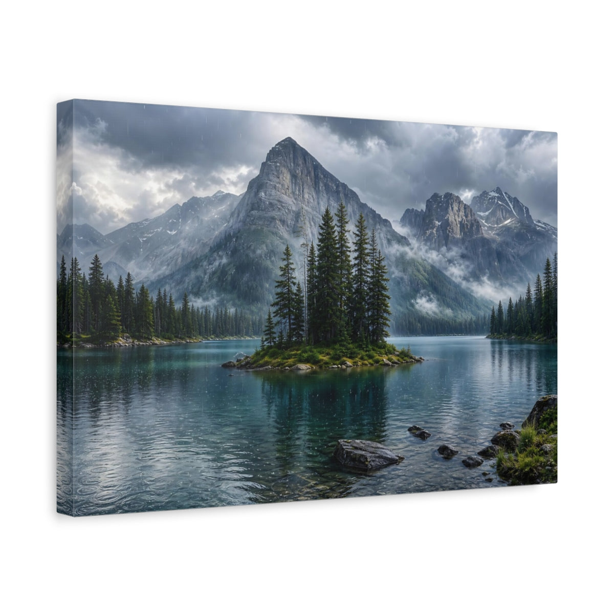 Side Mockup 4. Nature Mountain Lake Mountain Lake Rainy shown as stretched canvas wall art