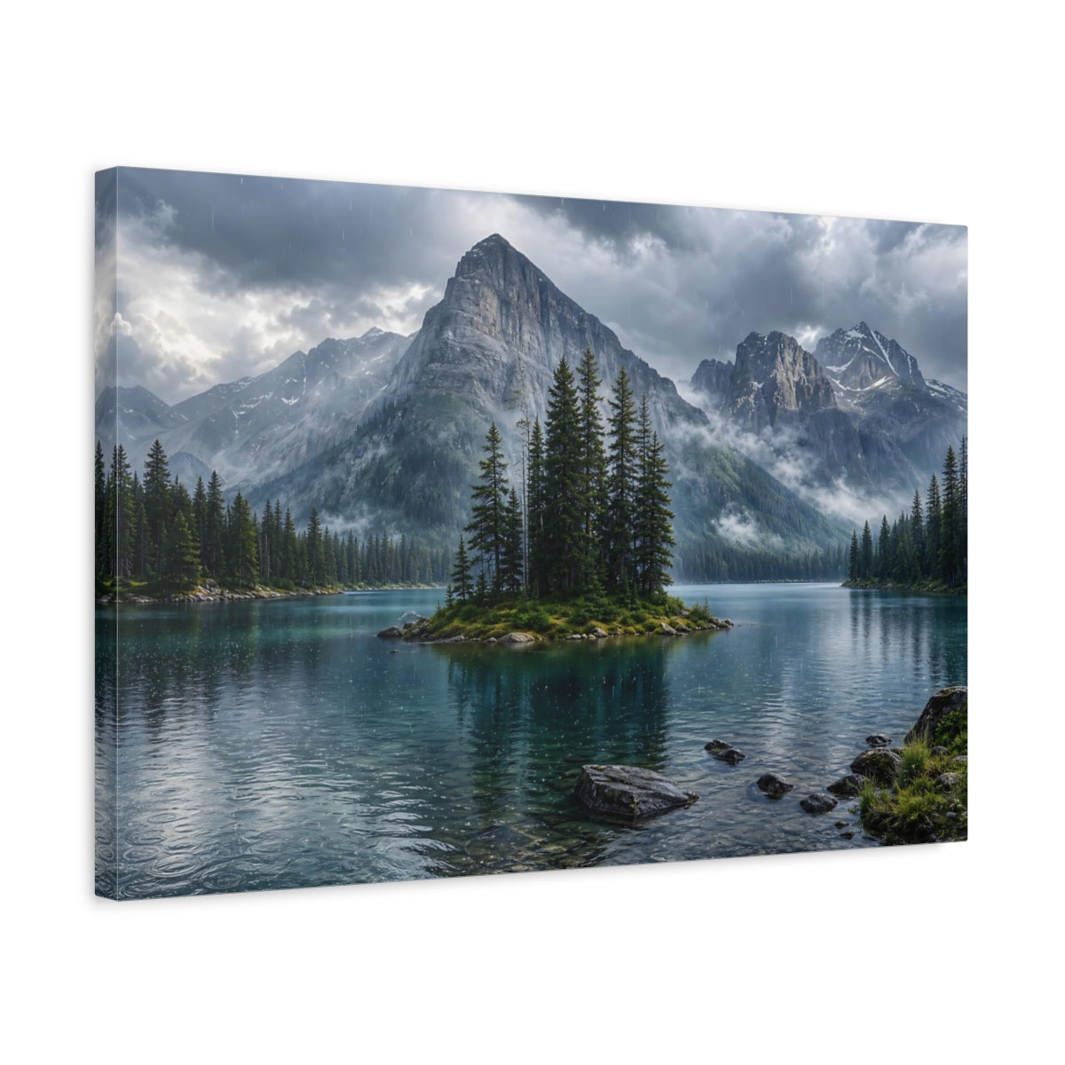 Side Mockup 3. Nature Mountain Lake Mountain Lake Rainy shown as stretched canvas wall art