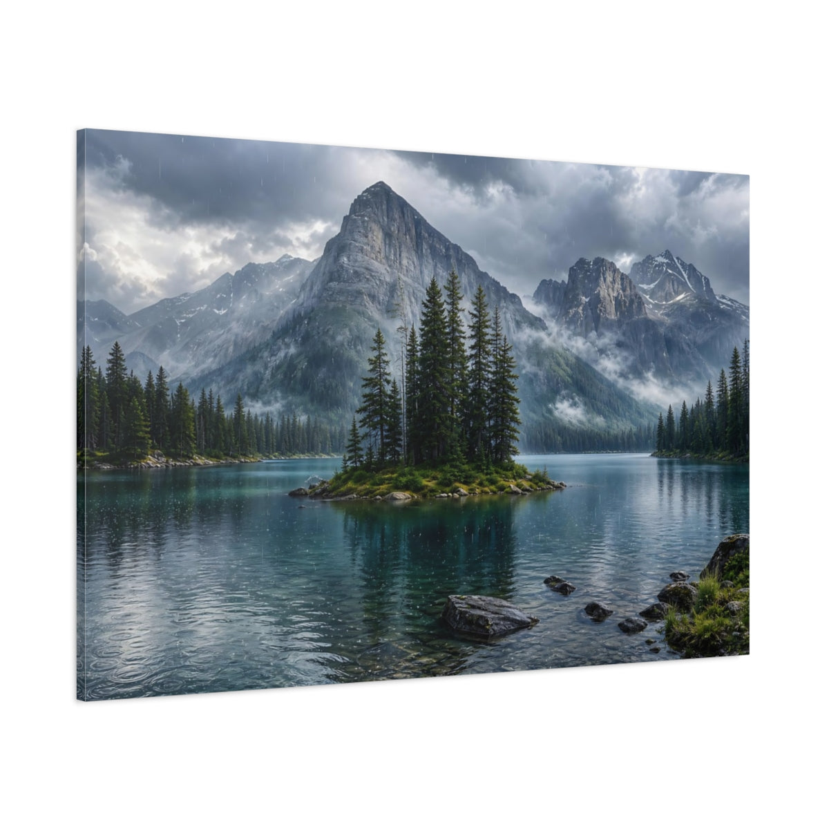 Side Mockup 1. Nature Mountain Lake Mountain Lake Rainy shown as stretched canvas wall art