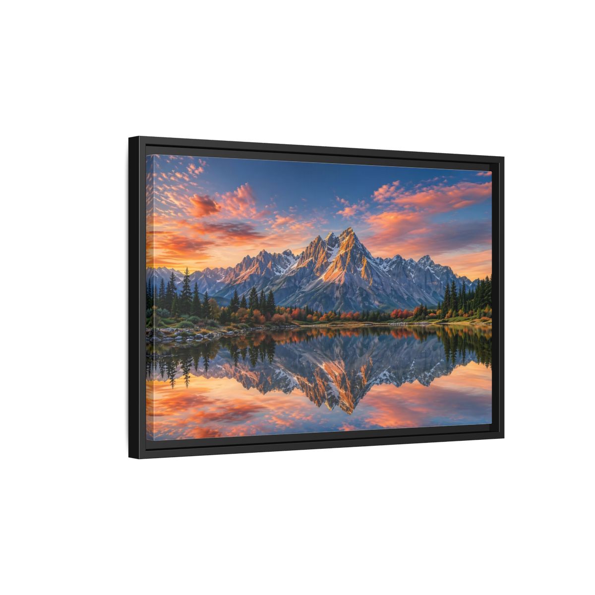Side Mockup 3. Nature Mountain Mountain Lake Reflection shown as stretched canvas wall art