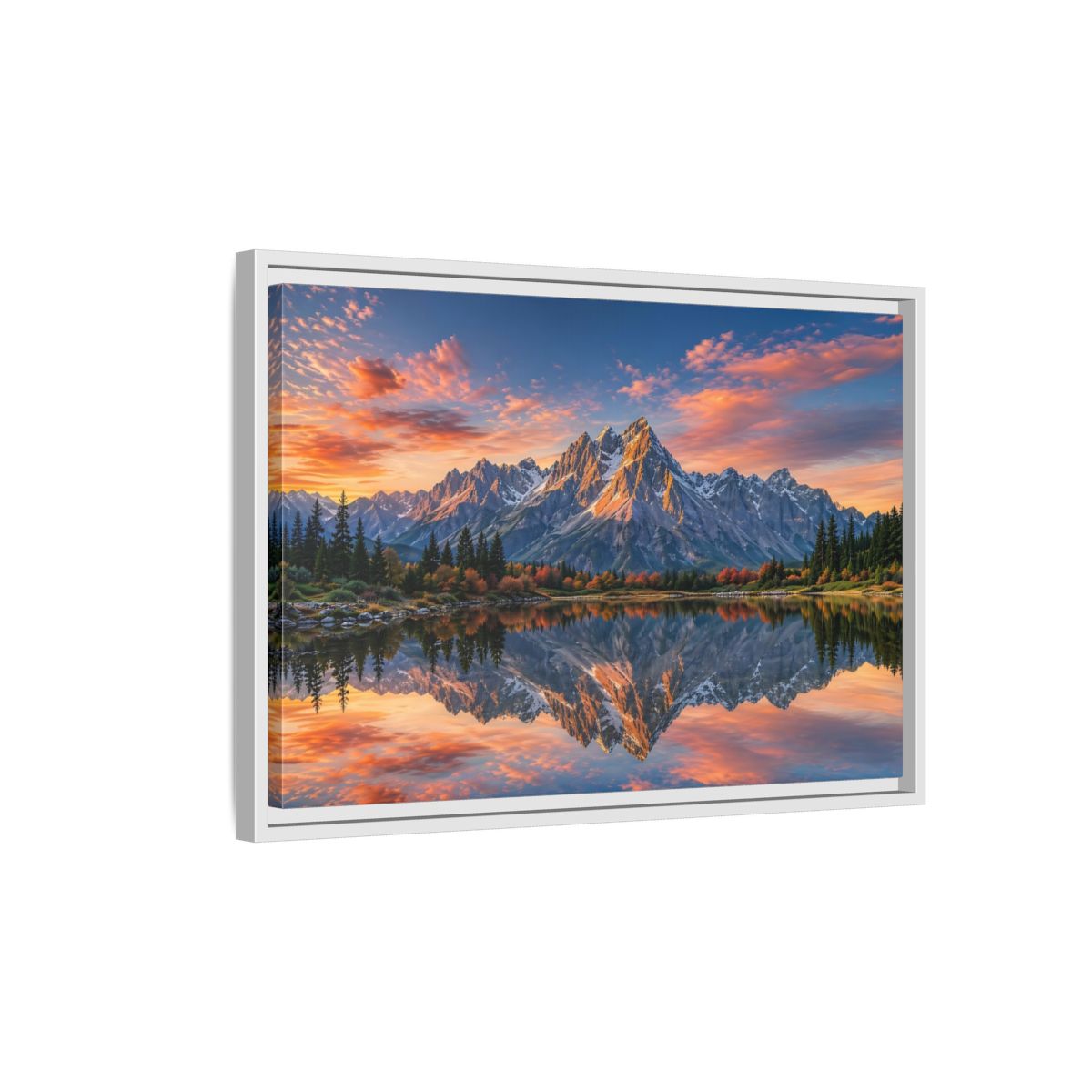 Side Mockup 1. Nature Mountain Mountain Lake Reflection shown as stretched canvas wall art