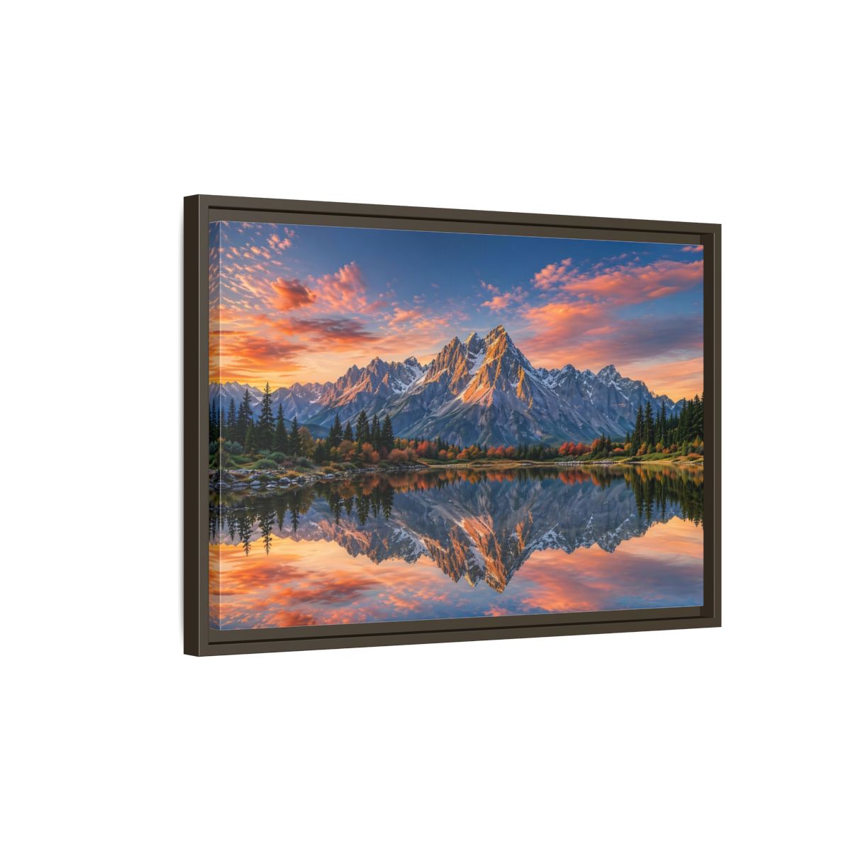 Side Mockup 2. Nature Mountain Mountain Lake Reflection shown as stretched canvas wall art