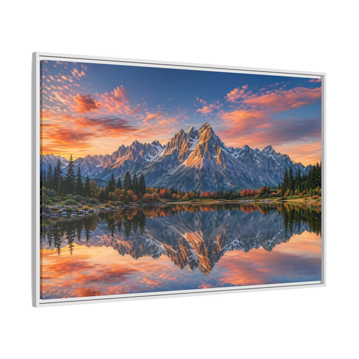 Side Mockup 7. Nature Mountain Mountain Lake Reflection shown as stretched canvas wall art