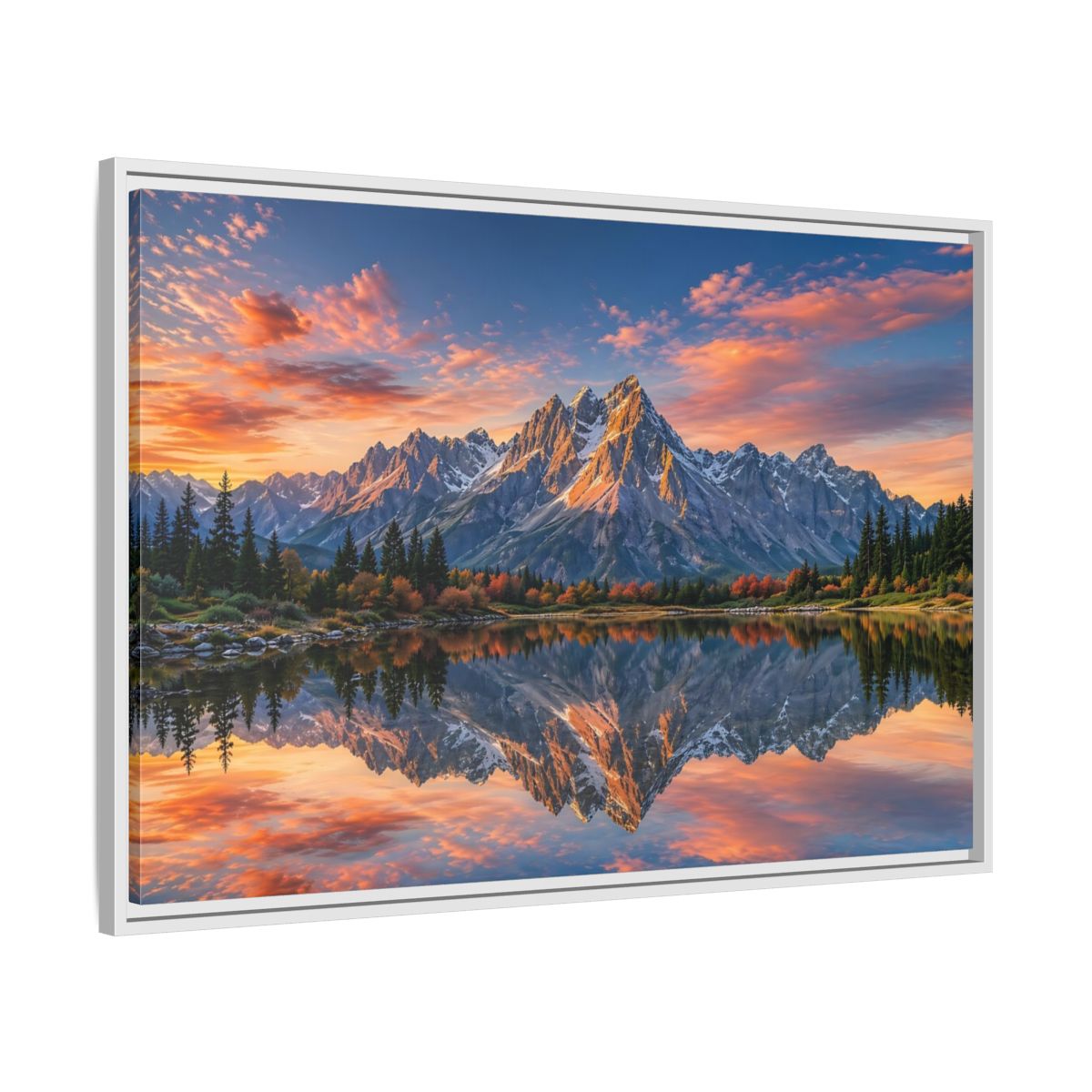 Side Mockup 9. Nature Mountain Mountain Lake Reflection shown as stretched canvas wall art