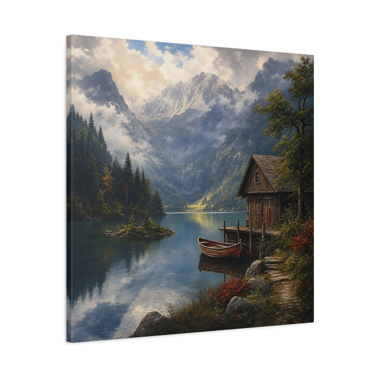 Side Mockup 3. Nature Mountain Lake Mountain Lake Scene shown as stretched canvas wall art