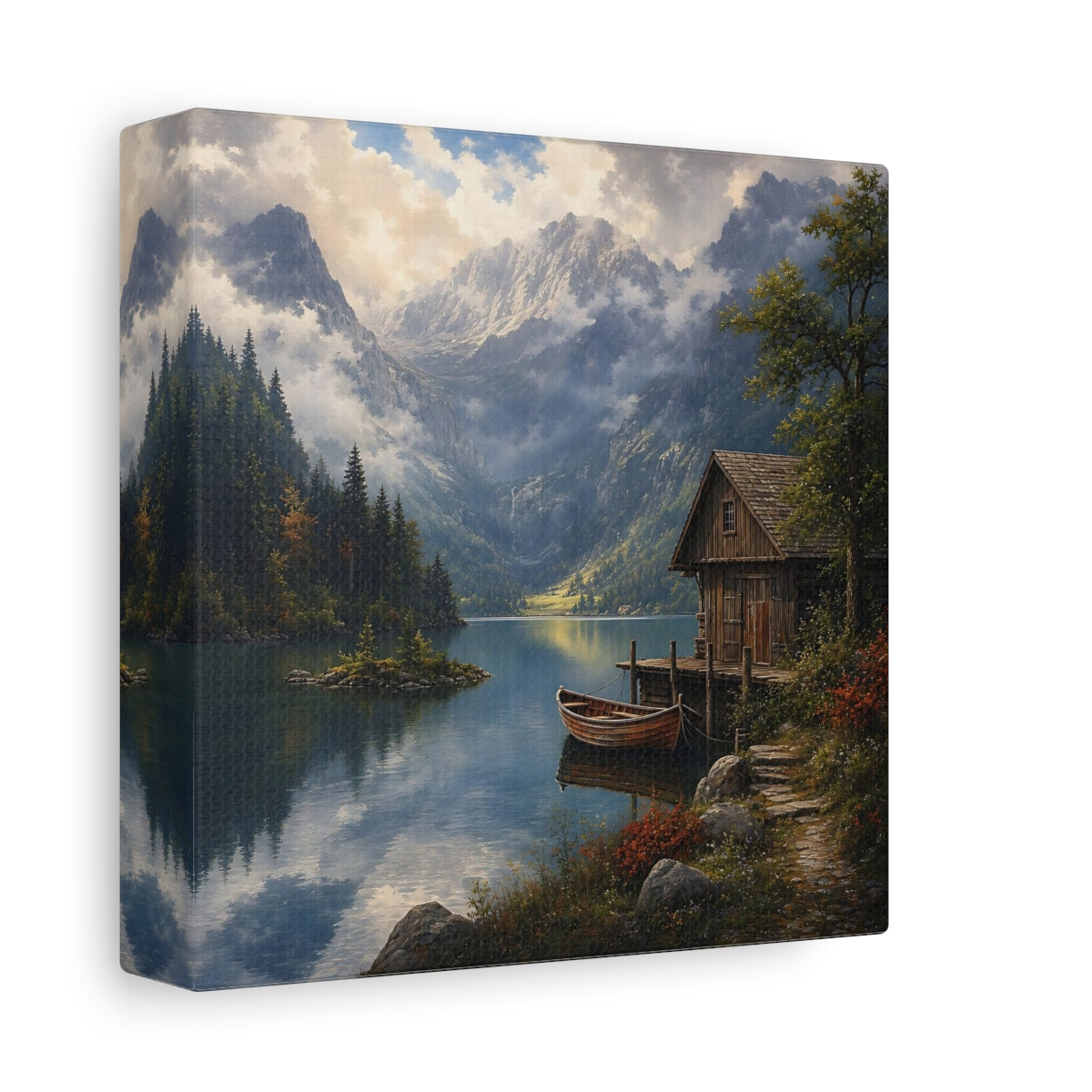Side Mockup 2. Nature Mountain Lake Mountain Lake Scene shown as stretched canvas wall art