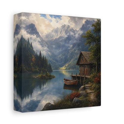 Side Mockup 2. Nature Mountain Lake Mountain Lake Scene shown as stretched canvas wall art