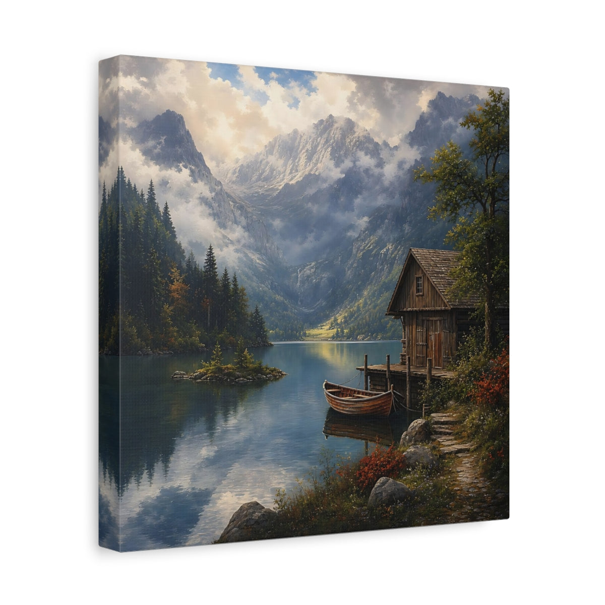 Side Mockup 8. Nature Mountain Lake Mountain Lake Scene shown as stretched canvas wall art