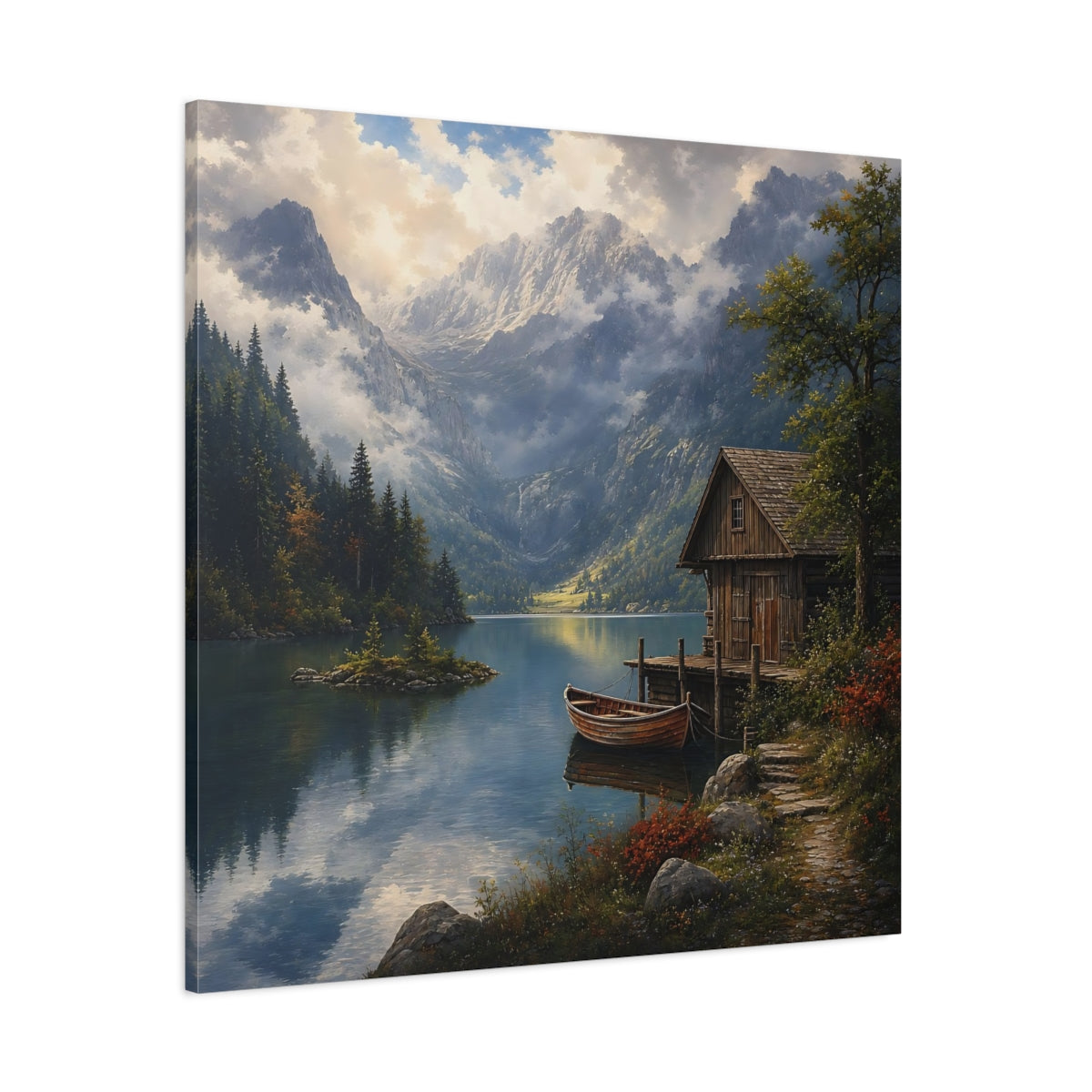 Side Mockup 1. Nature Mountain Lake Mountain Lake Scene shown as stretched canvas wall art