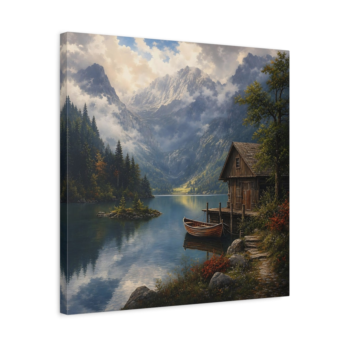 Side Mockup 5. Nature Mountain Lake Mountain Lake Scene shown as stretched canvas wall art