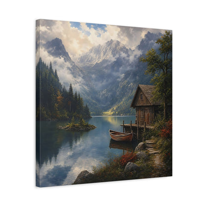 Side Mockup 5. Nature Mountain Lake Mountain Lake Scene shown as stretched canvas wall art