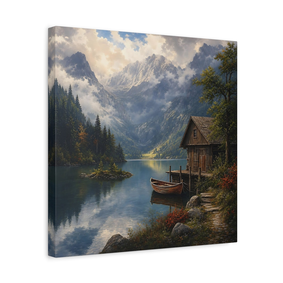 Side Mockup 6. Nature Mountain Lake Mountain Lake Scene shown as stretched canvas wall art