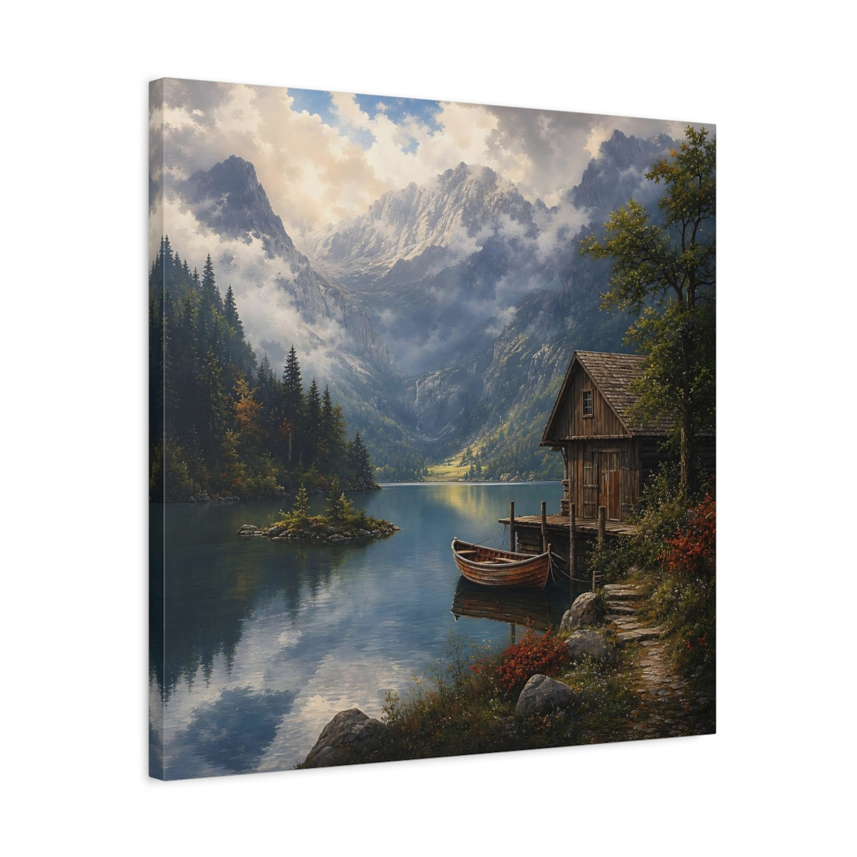 Side Mockup 4. Nature Mountain Lake Mountain Lake Scene shown as stretched canvas wall art