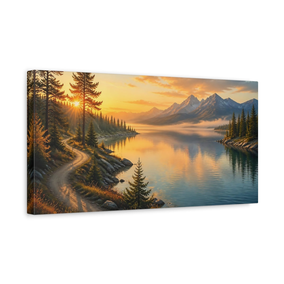 Side Mockup 3. Nature Mountain Lake Mountain Lake Sunset shown as stretched canvas wall art