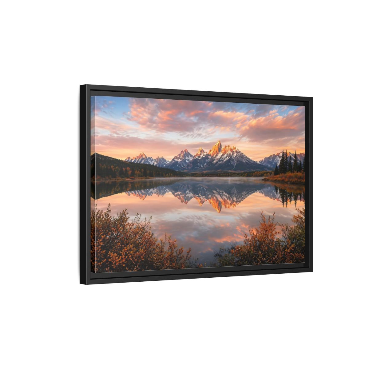 Side Mockup 3. Nature Mountain Lake Sunset Mountain Lake shown as stretched canvas wall art