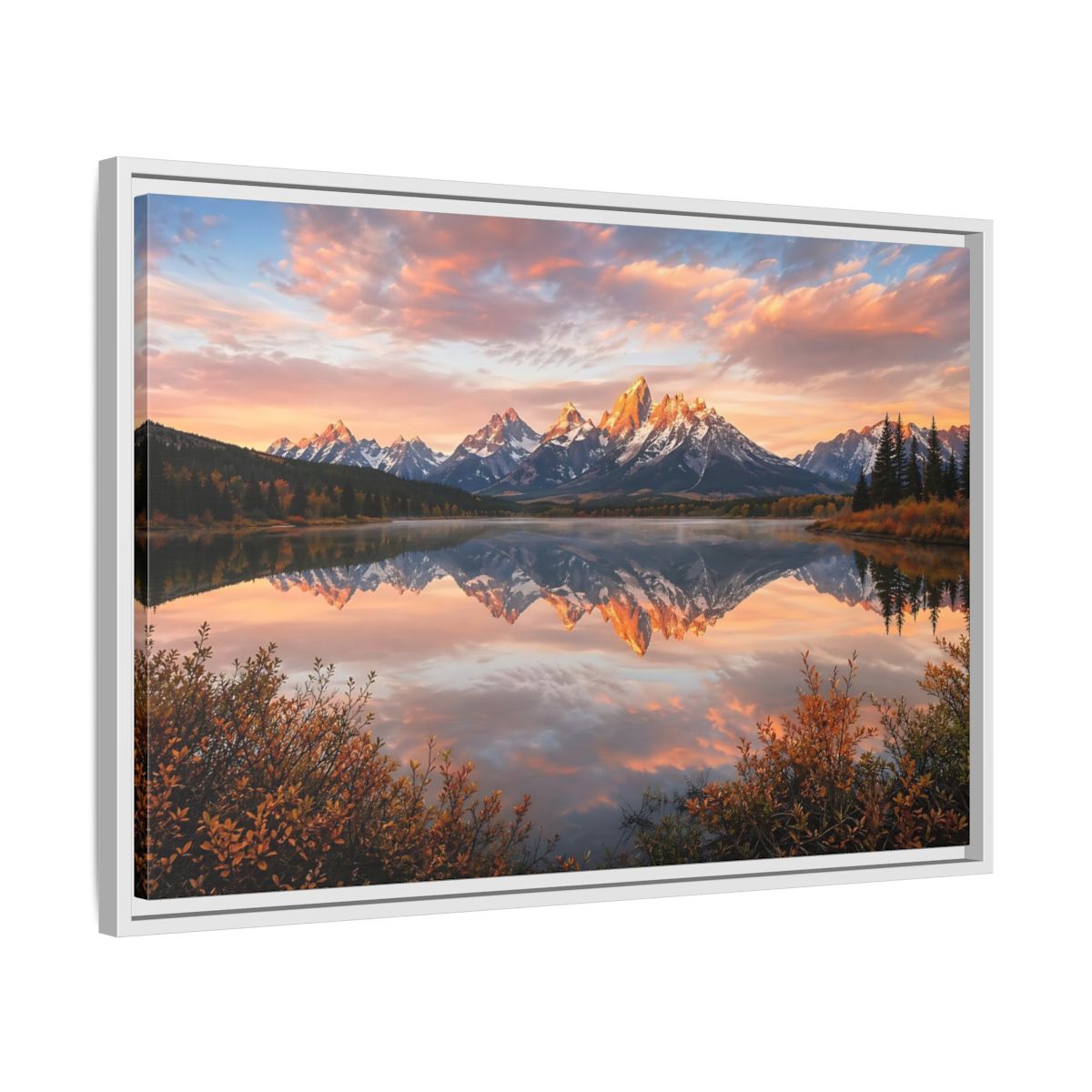 Side Mockup 10. Nature Mountain Lake Sunset Mountain Lake shown as stretched canvas wall art