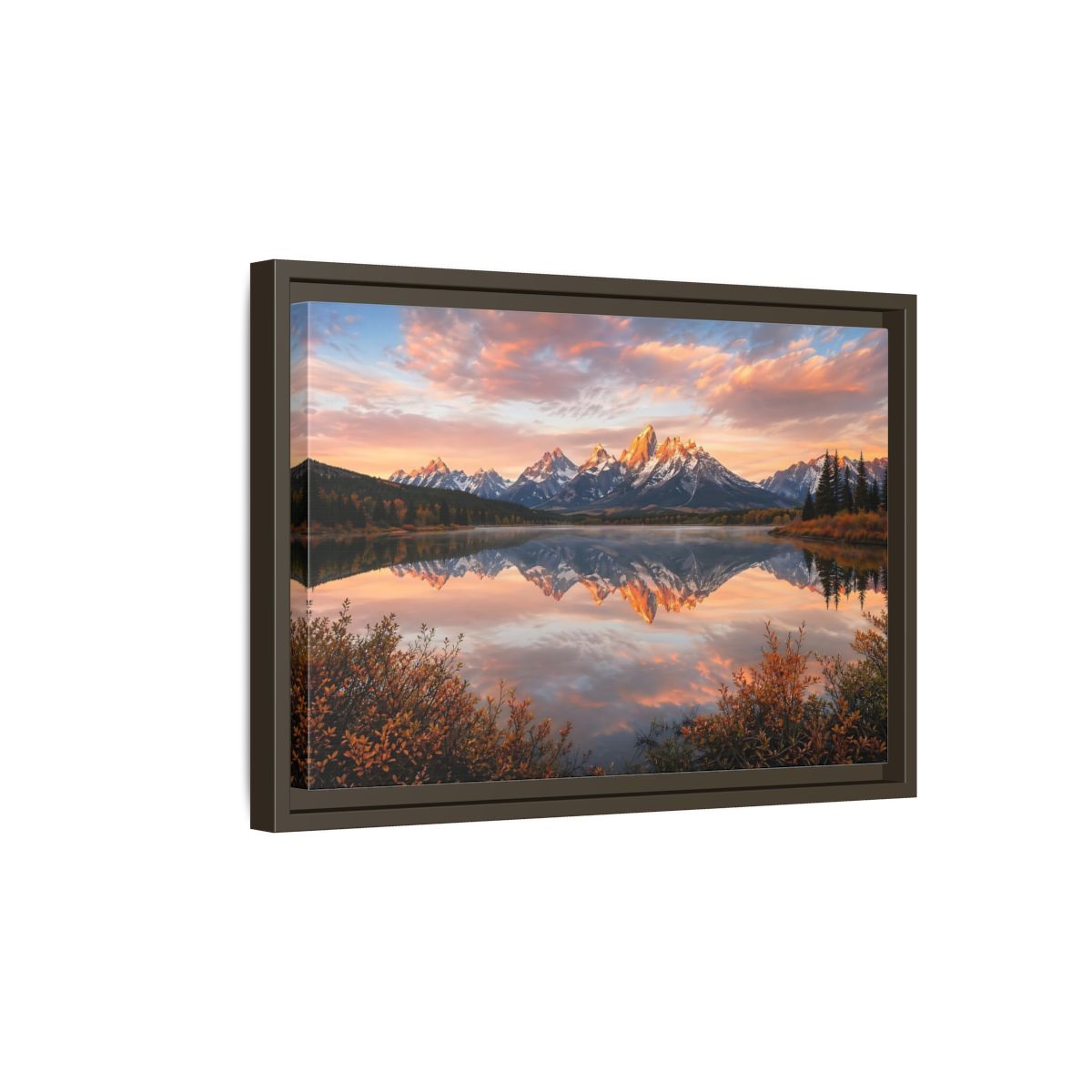 Side Mockup 5. Nature Mountain Lake Sunset Mountain Lake shown as stretched canvas wall art
