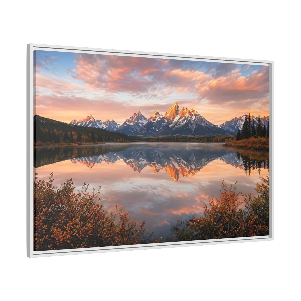 Side Mockup 7. Nature Mountain Lake Sunset Mountain Lake shown as stretched canvas wall art