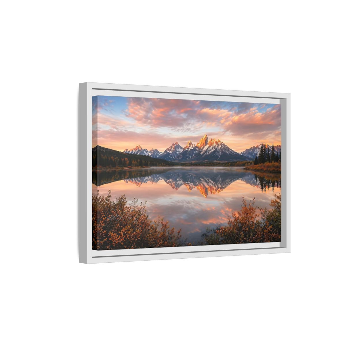 Side Mockup 4. Nature Mountain Lake Sunset Mountain Lake shown as stretched canvas wall art
