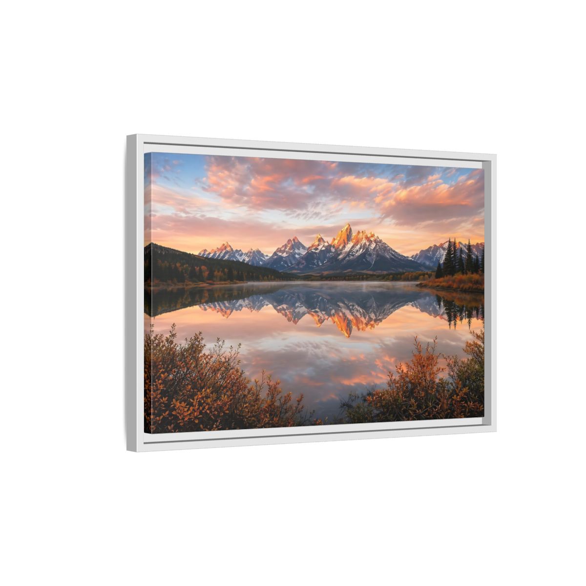 Side Mockup 1. Nature Mountain Lake Sunset Mountain Lake shown as stretched canvas wall art