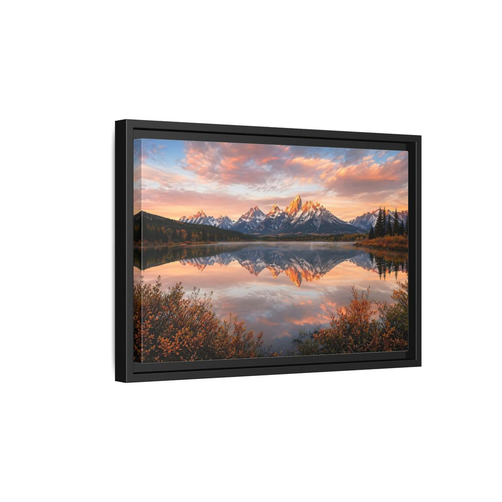 Side Mockup 6. Nature Mountain Lake Sunset Mountain Lake shown as stretched canvas wall art