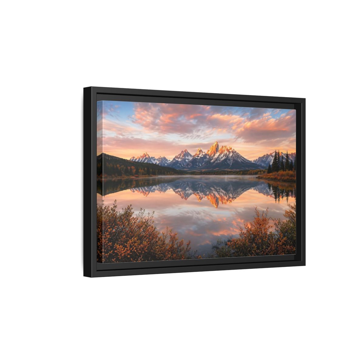 Side Mockup 6. Nature Mountain Lake Sunset Mountain Lake shown as stretched canvas wall art