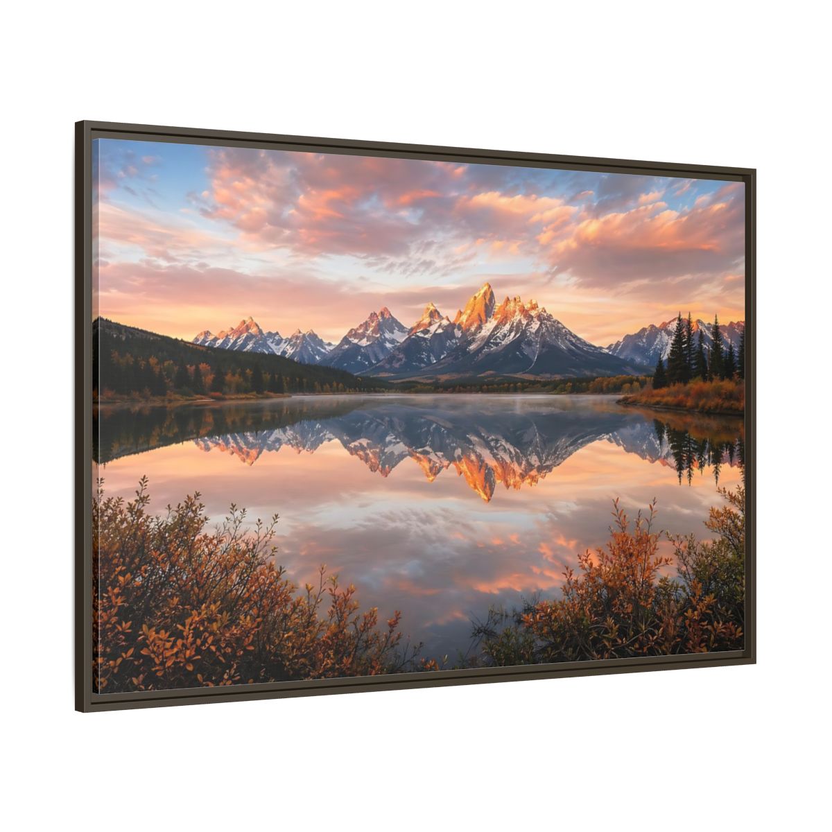 Side Mockup 8. Nature Mountain Lake Sunset Mountain Lake shown as stretched canvas wall art