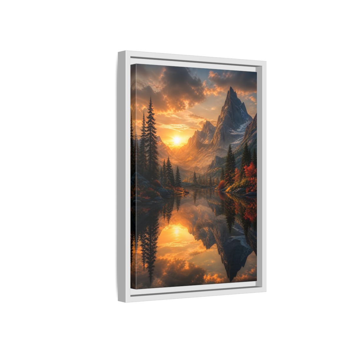 Nature Mountain Lake Sunset Framed Canvas Wall Art - Living Room, Above Sofa, Orange shown as canvas wall art