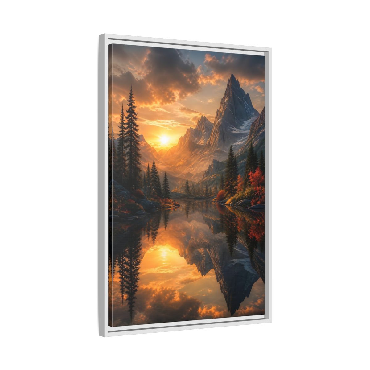 Nature Mountain Lake Sunset Framed Canvas Wall Art - Living Room, Above Sofa, Orange shown as canvas wall art
