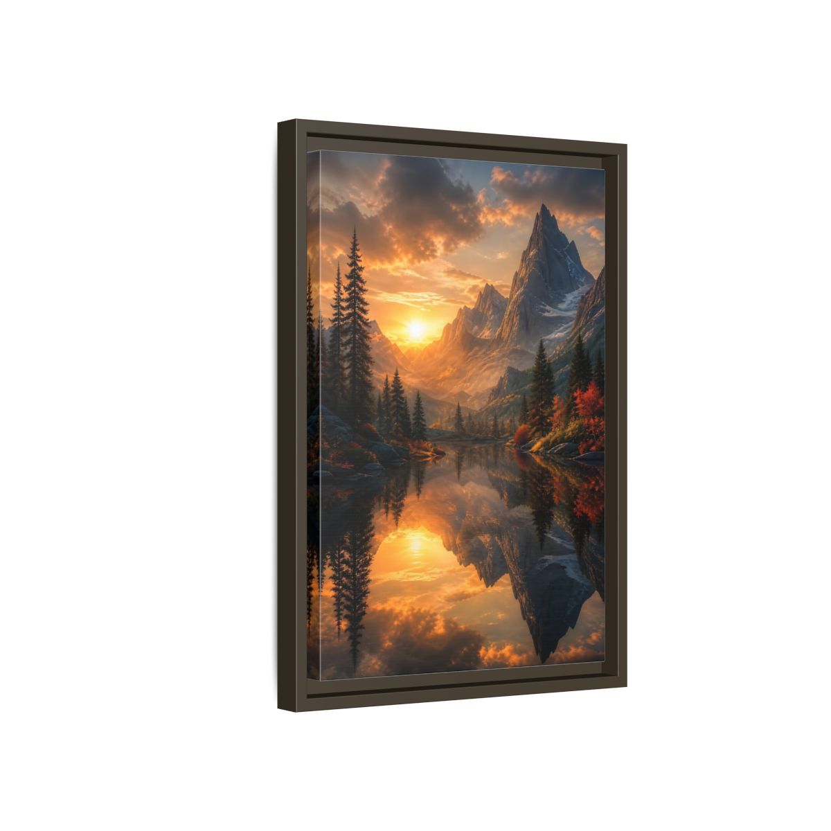 Nature Mountain Lake Sunset Framed Canvas Wall Art - Living Room, Above Sofa, Orange shown as canvas wall art