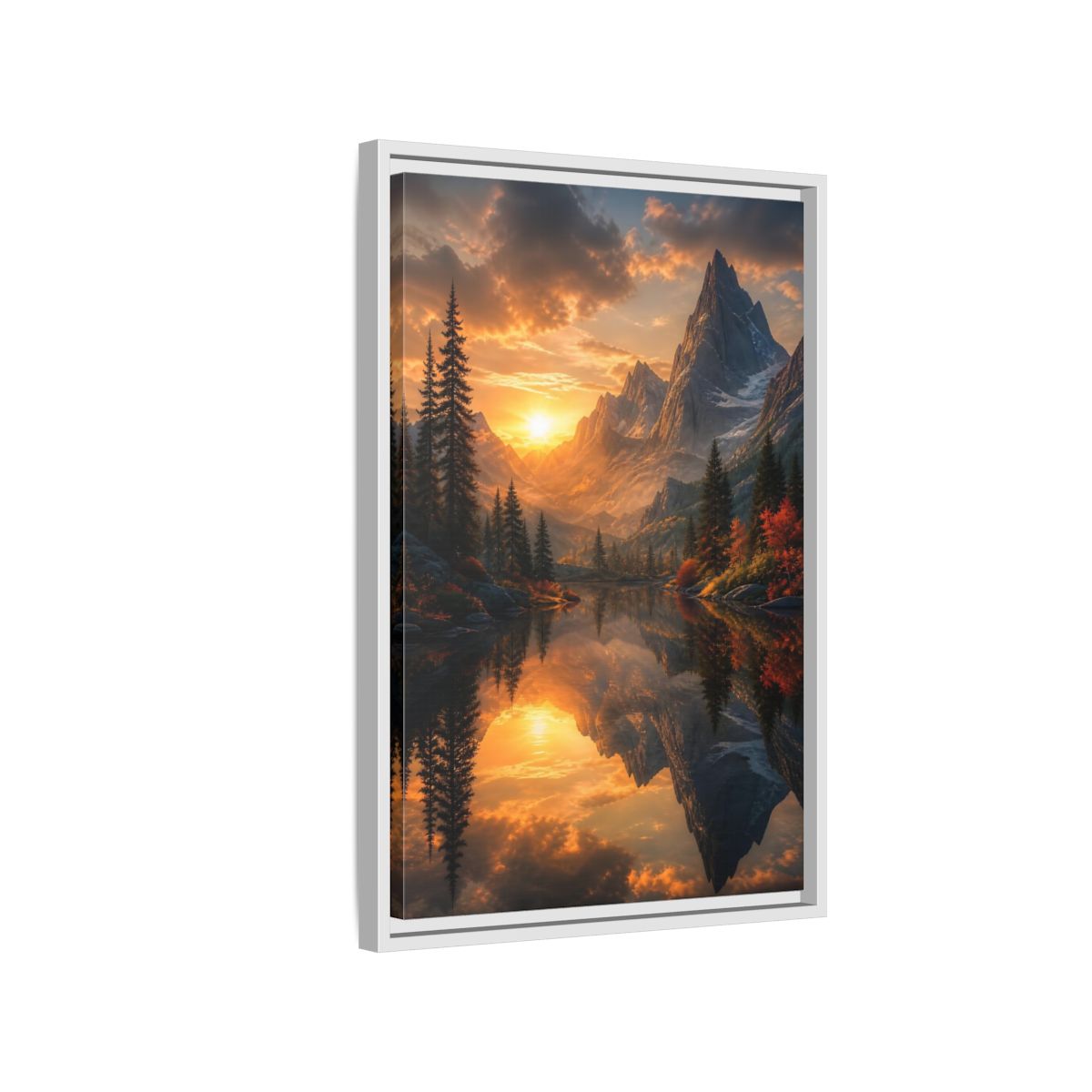Nature Mountain Lake Sunset Framed Canvas Wall Art - Living Room, Above Sofa, Orange shown as canvas wall art