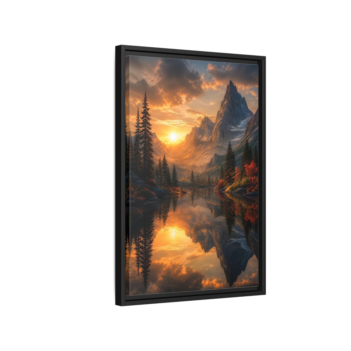 Nature Mountain Lake Sunset Framed Canvas Wall Art - Living Room, Above Sofa, Orange shown as canvas wall art