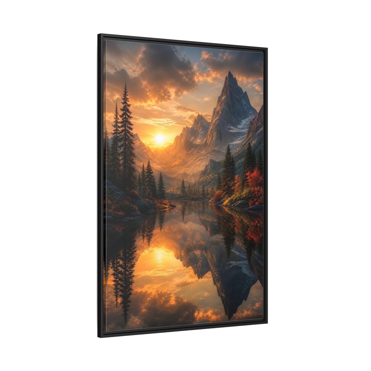 Nature Mountain Lake Sunset Framed Canvas Wall Art - Living Room, Above Sofa, Orange shown as canvas wall art