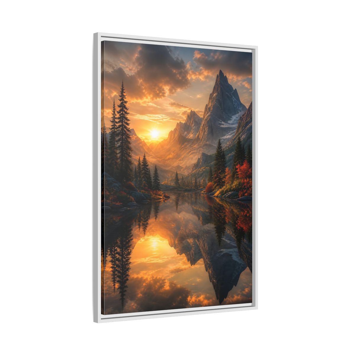 Nature Mountain Lake Sunset Framed Canvas Wall Art - Living Room, Above Sofa, Orange shown as canvas wall art