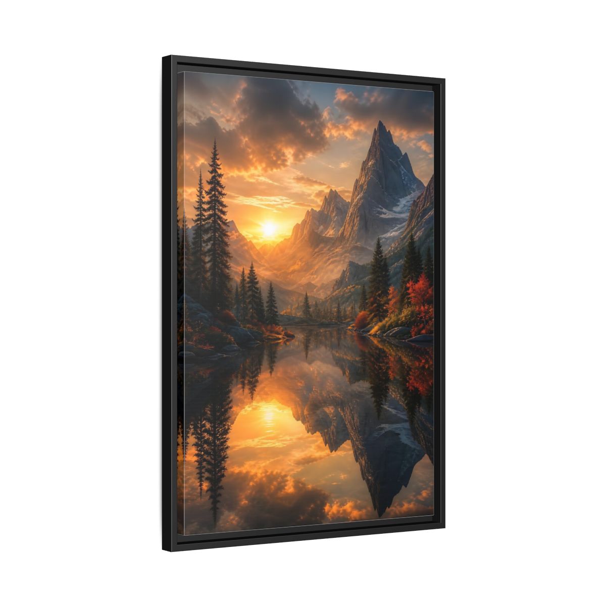 Nature Mountain Lake Sunset Framed Canvas Wall Art - Living Room, Above Sofa, Orange shown as canvas wall art