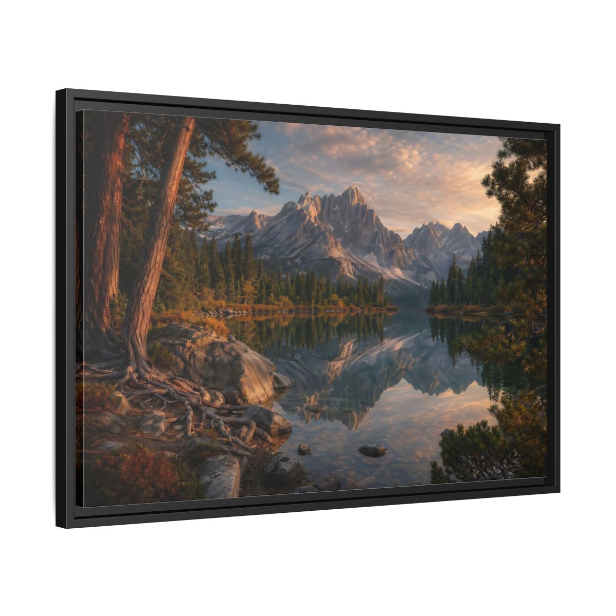 Side Mockup 14. Nature Mountain Lake Mountain Lake Sunset shown as stretched canvas wall art
