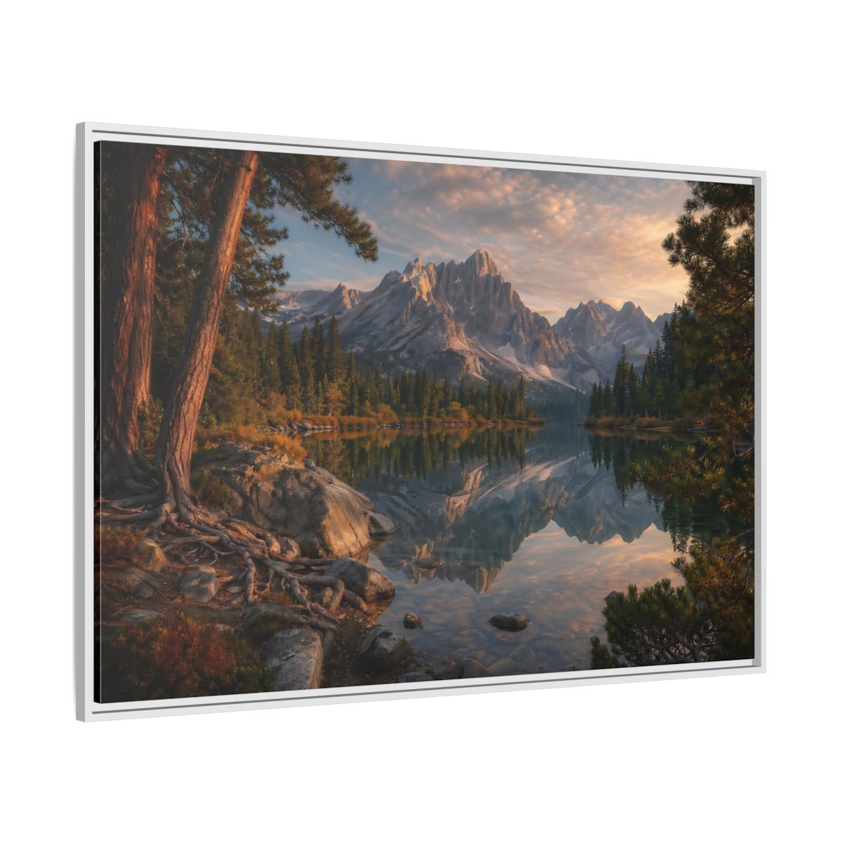 Side Mockup 7. Nature Mountain Lake Mountain Lake Sunset shown as stretched canvas wall art