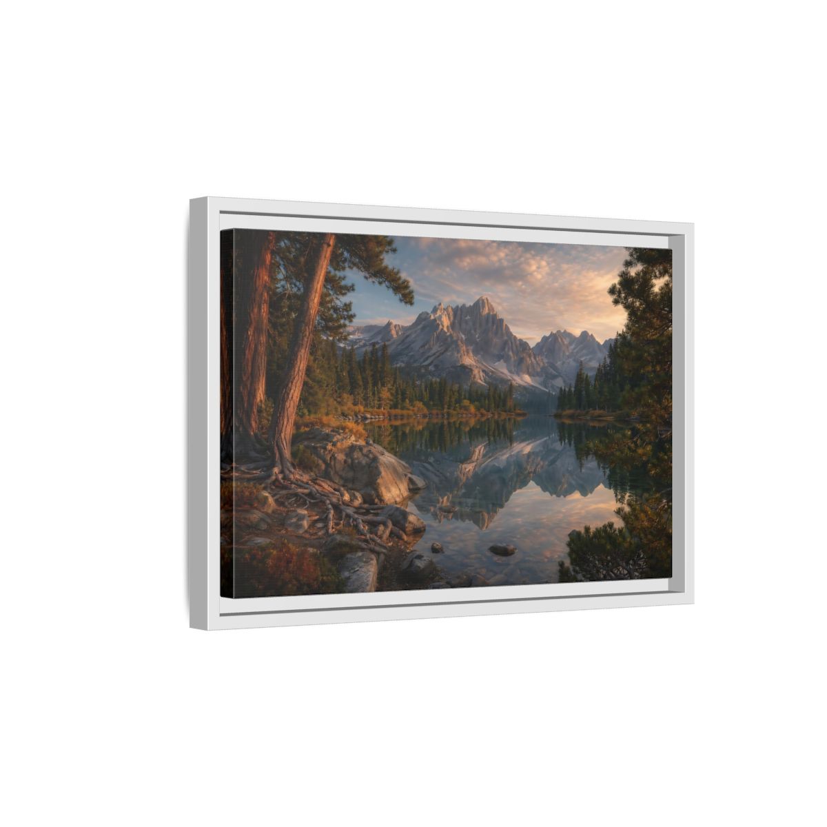 Side Mockup 4. Nature Mountain Lake Mountain Lake Sunset shown as stretched canvas wall art