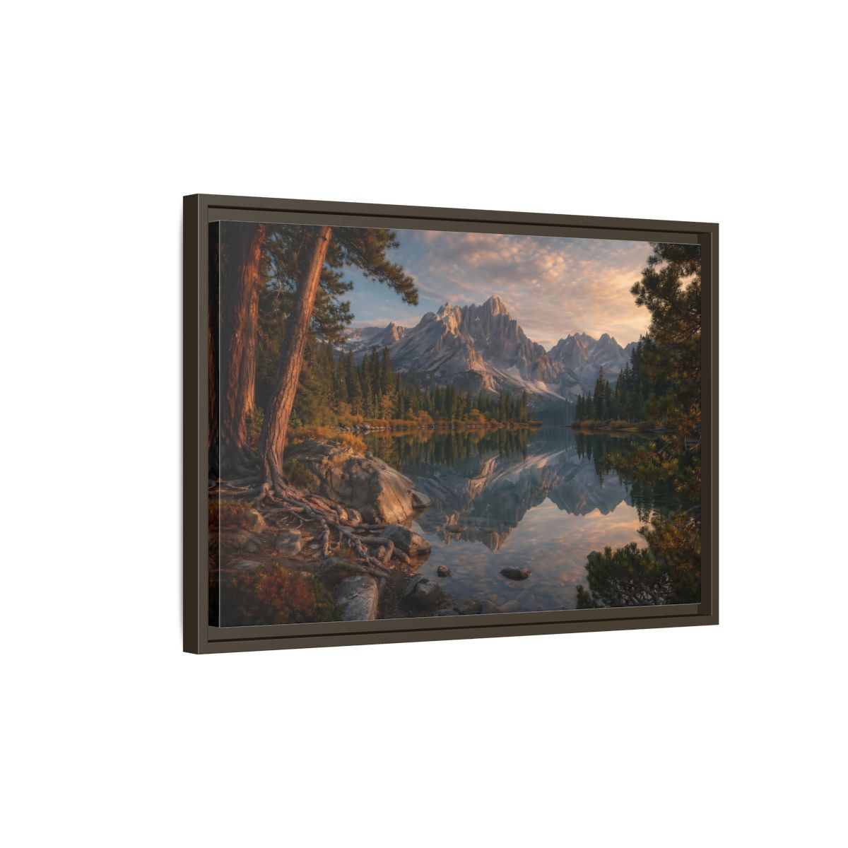 Side Mockup 2. Nature Mountain Lake Mountain Lake Sunset shown as stretched canvas wall art