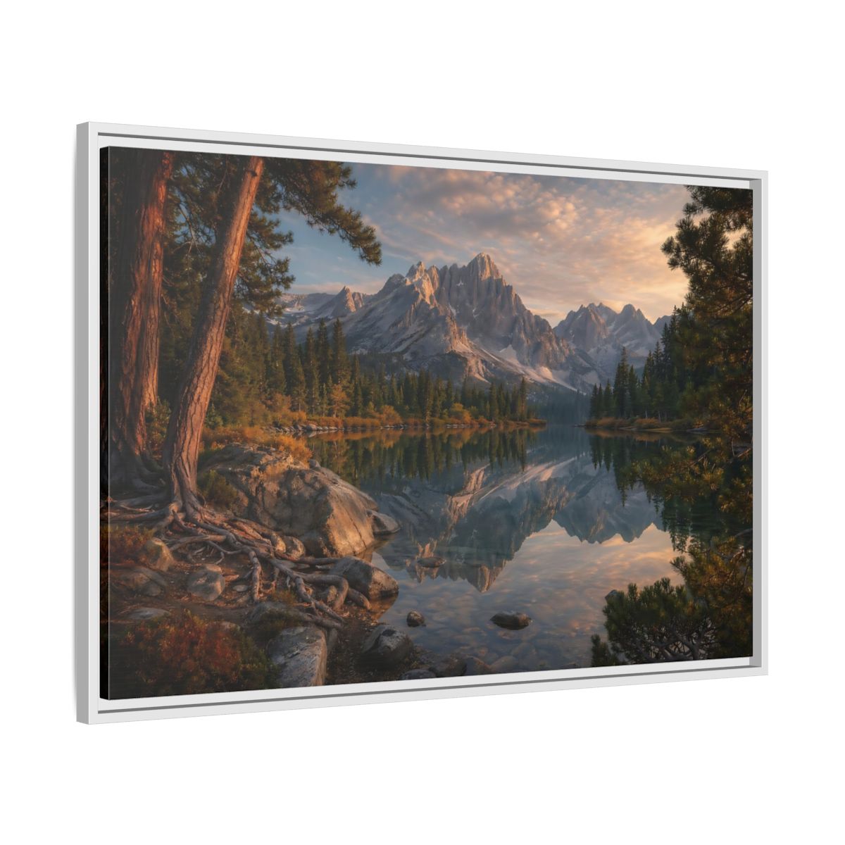 Side Mockup 9. Nature Mountain Lake Mountain Lake Sunset shown as stretched canvas wall art