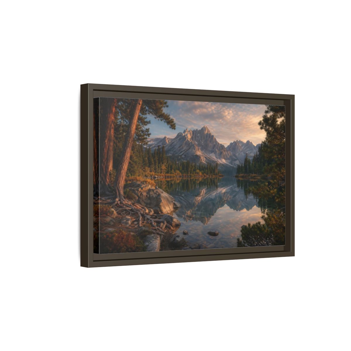 Side Mockup 5. Nature Mountain Lake Mountain Lake Sunset shown as stretched canvas wall art