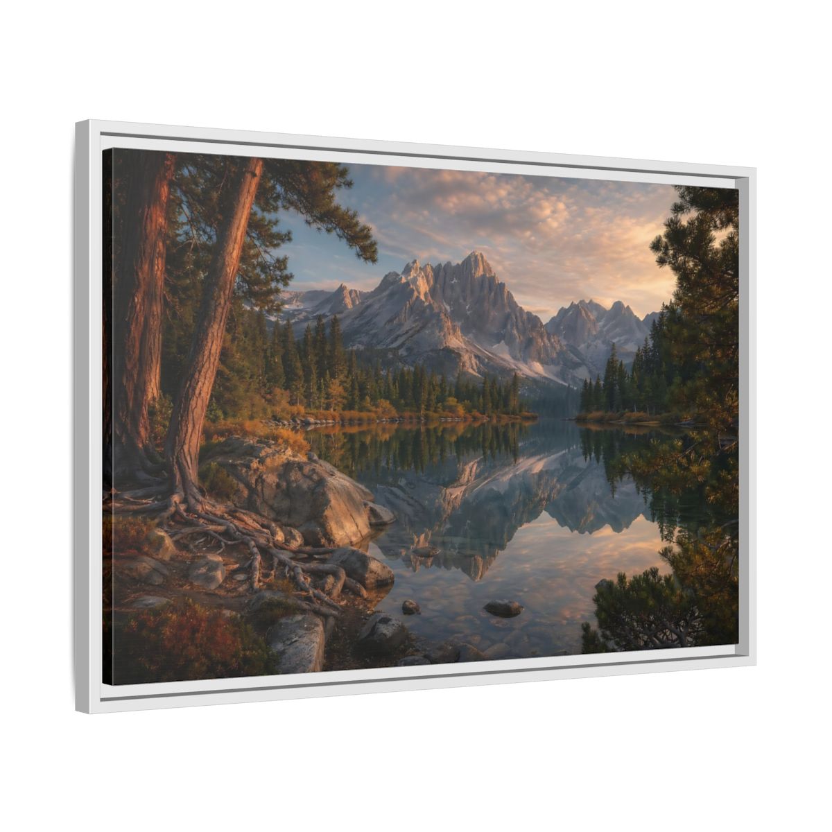 Side Mockup 10. Nature Mountain Lake Mountain Lake Sunset shown as stretched canvas wall art